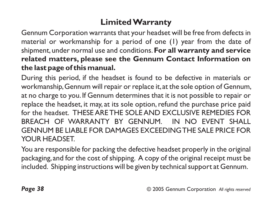 Limited warranty | GENNUM Z-280 User Manual | Page 38 / 44