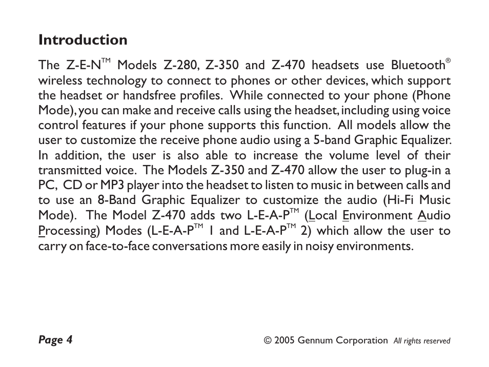 Introduction | GENNUM Z-280 User Manual | Page 4 / 44
