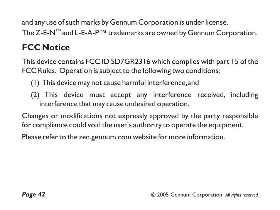Fcc notice | GENNUM Z-280 User Manual | Page 42 / 44