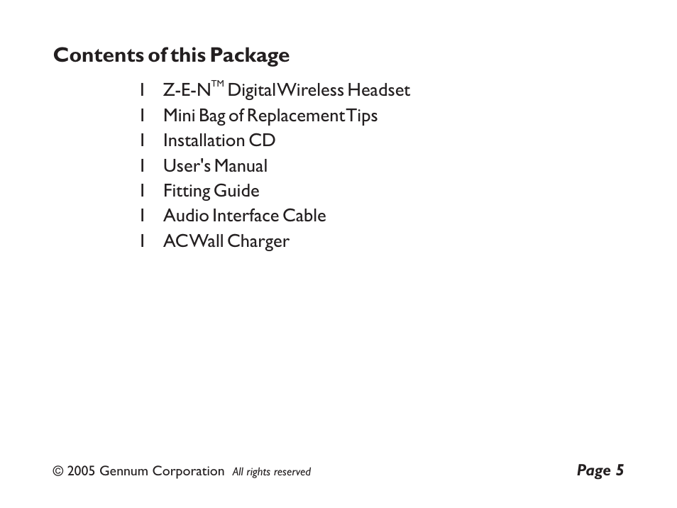 Contents of this package | GENNUM Z-280 User Manual | Page 5 / 44