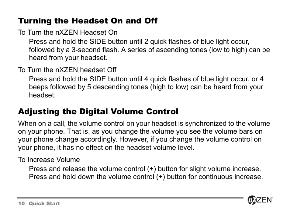 Turning the headset on and off, Adjusting the digital volume control | GENNUM 5000 User Manual | Page 10 / 28