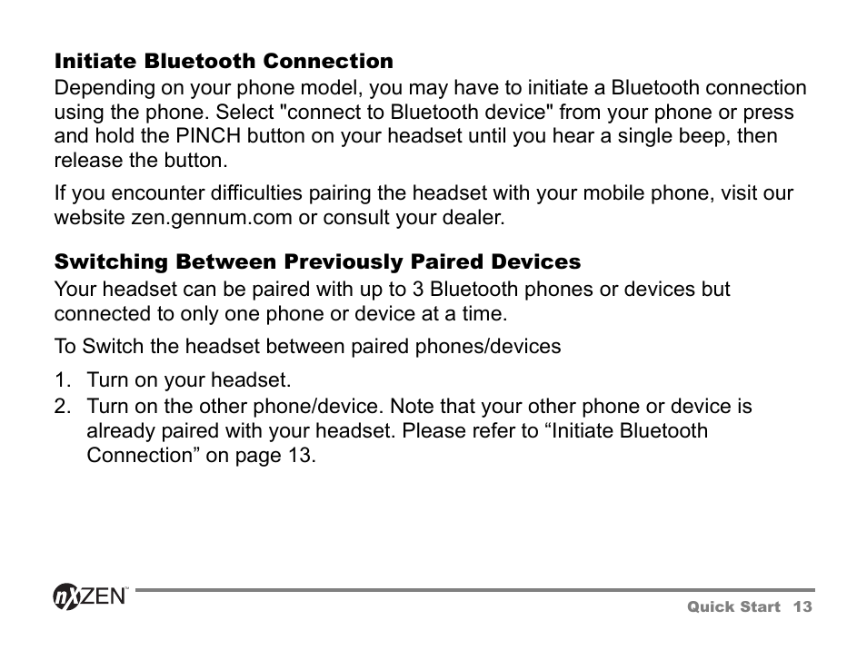 Initiate bluetooth connection, Switching between previously paired devices | GENNUM 5000 User Manual | Page 13 / 28