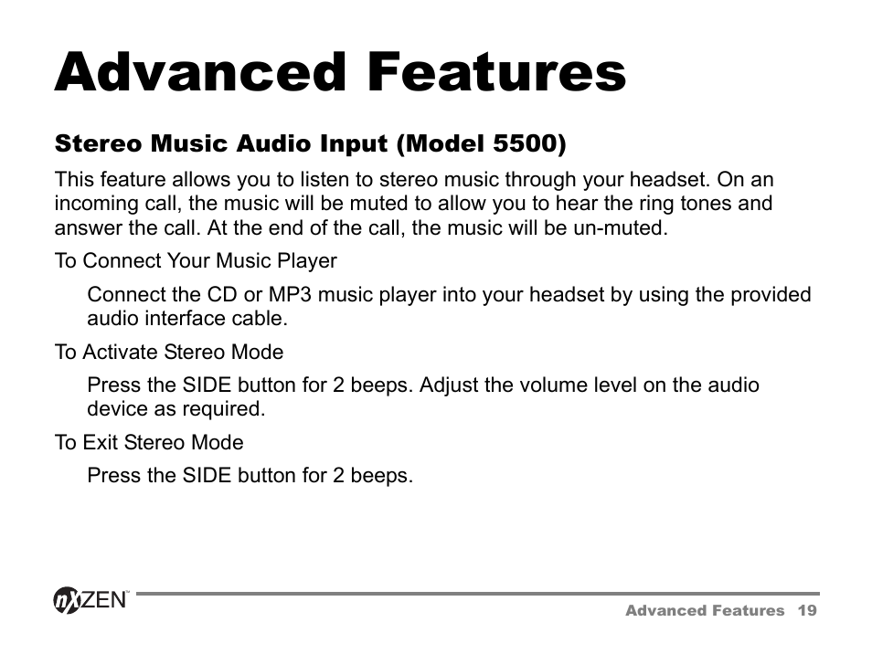 Advanced features, Stereo music audio input (model 5500) | GENNUM 5000 User Manual | Page 19 / 28