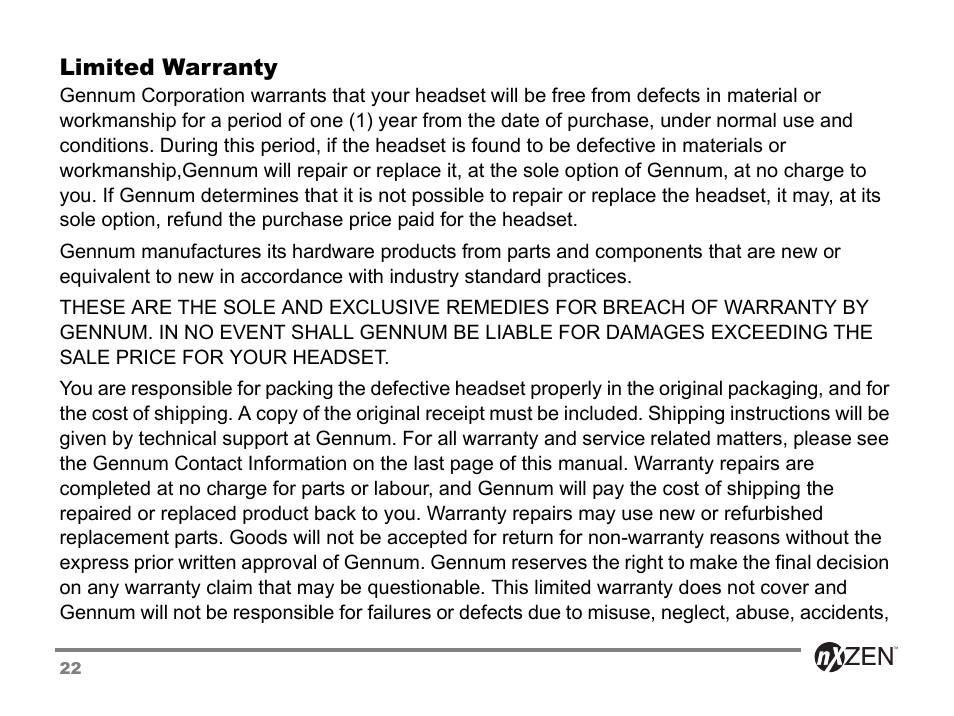 Limited warranty | GENNUM 5000 User Manual | Page 22 / 28