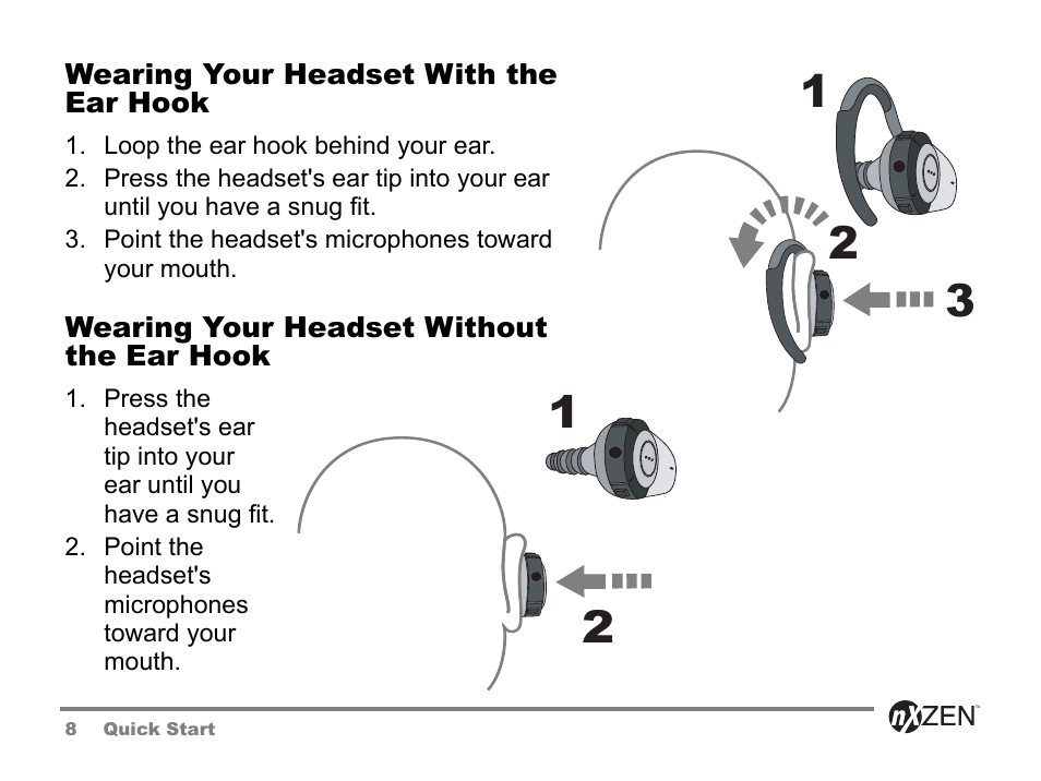 Wearing your headset with the ear hook, Wearing your headset without the ear hook | GENNUM 5000 User Manual | Page 8 / 28