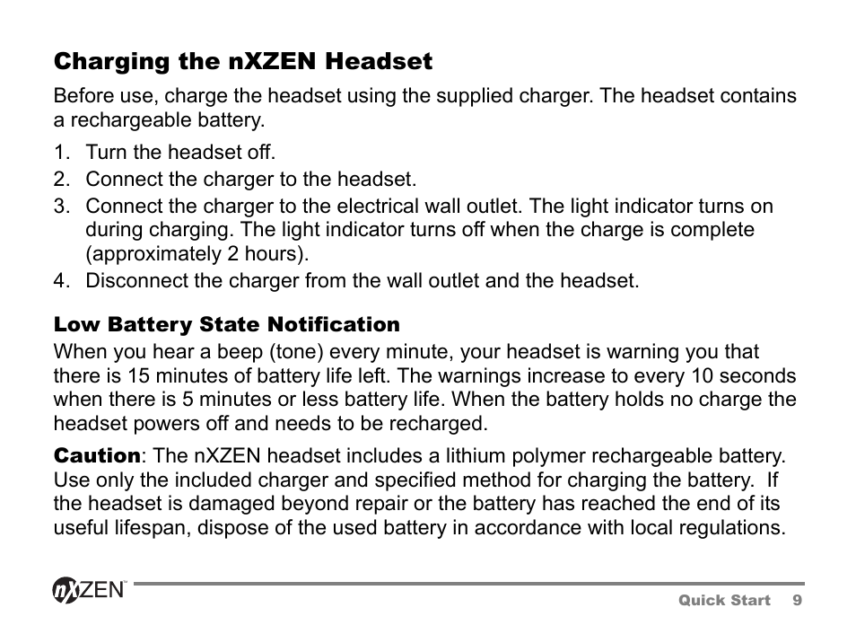 Charging the nxzen headset, Low battery state notification | GENNUM 5000 User Manual | Page 9 / 28