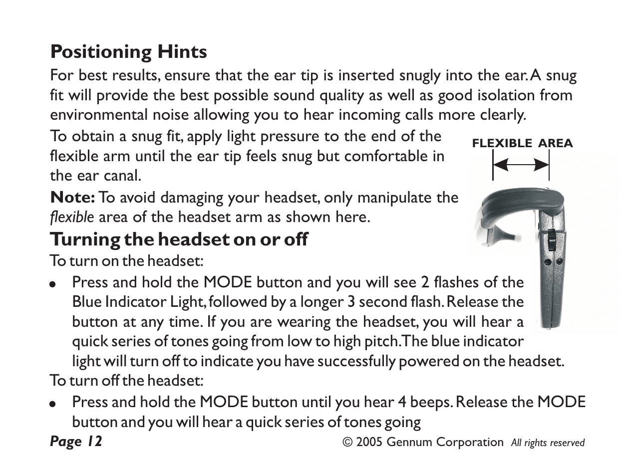 Positioning hints, Turning the headset on or off | GENNUM DIGITAL WIRELESS HEADSET User Manual | Page 12 / 44