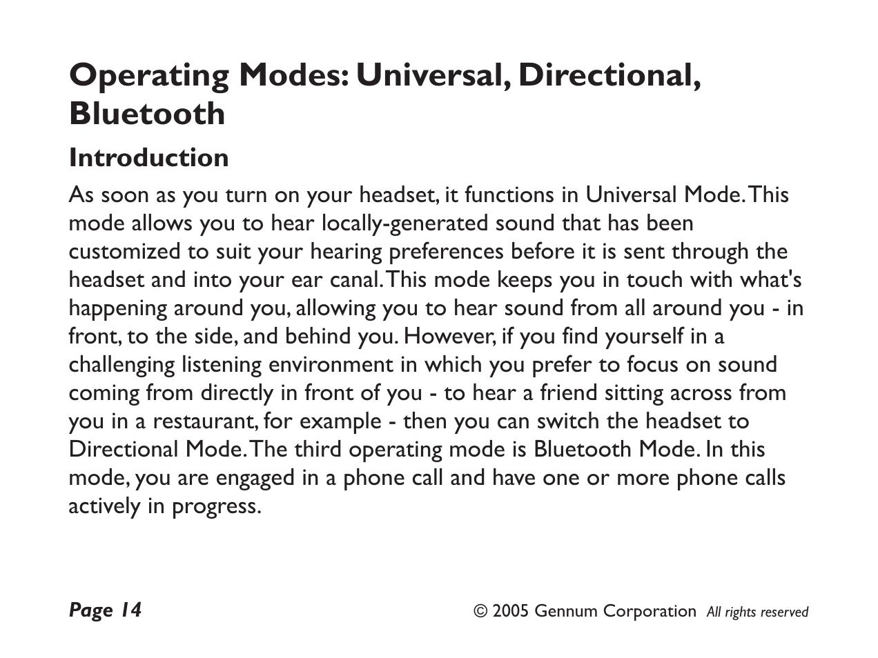 Operating modes: universal, directional, bluetooth, Introduction | GENNUM DIGITAL WIRELESS HEADSET User Manual | Page 14 / 44
