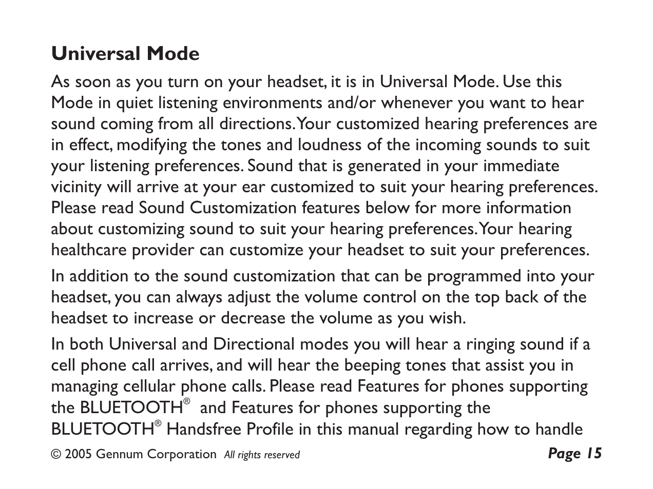 Universal mode | GENNUM DIGITAL WIRELESS HEADSET User Manual | Page 15 / 44