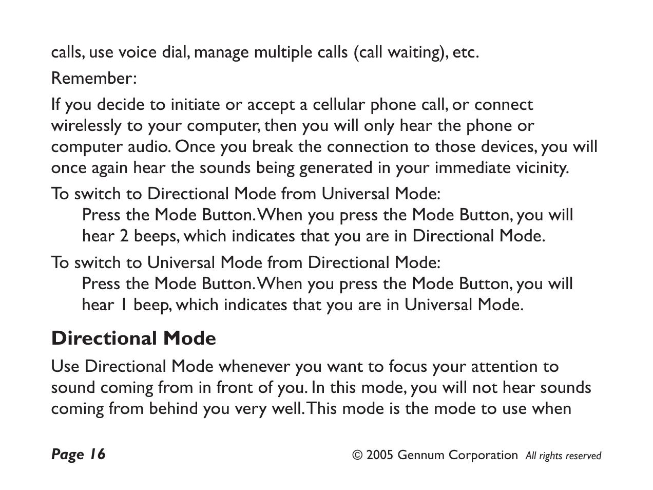Directional mode | GENNUM DIGITAL WIRELESS HEADSET User Manual | Page 16 / 44