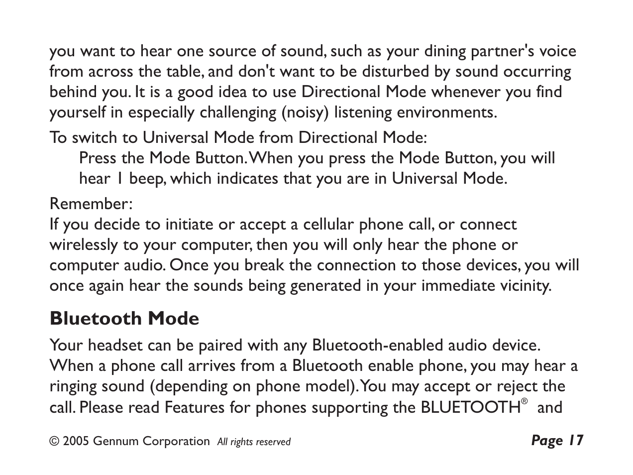 Bluetooth mode | GENNUM DIGITAL WIRELESS HEADSET User Manual | Page 17 / 44