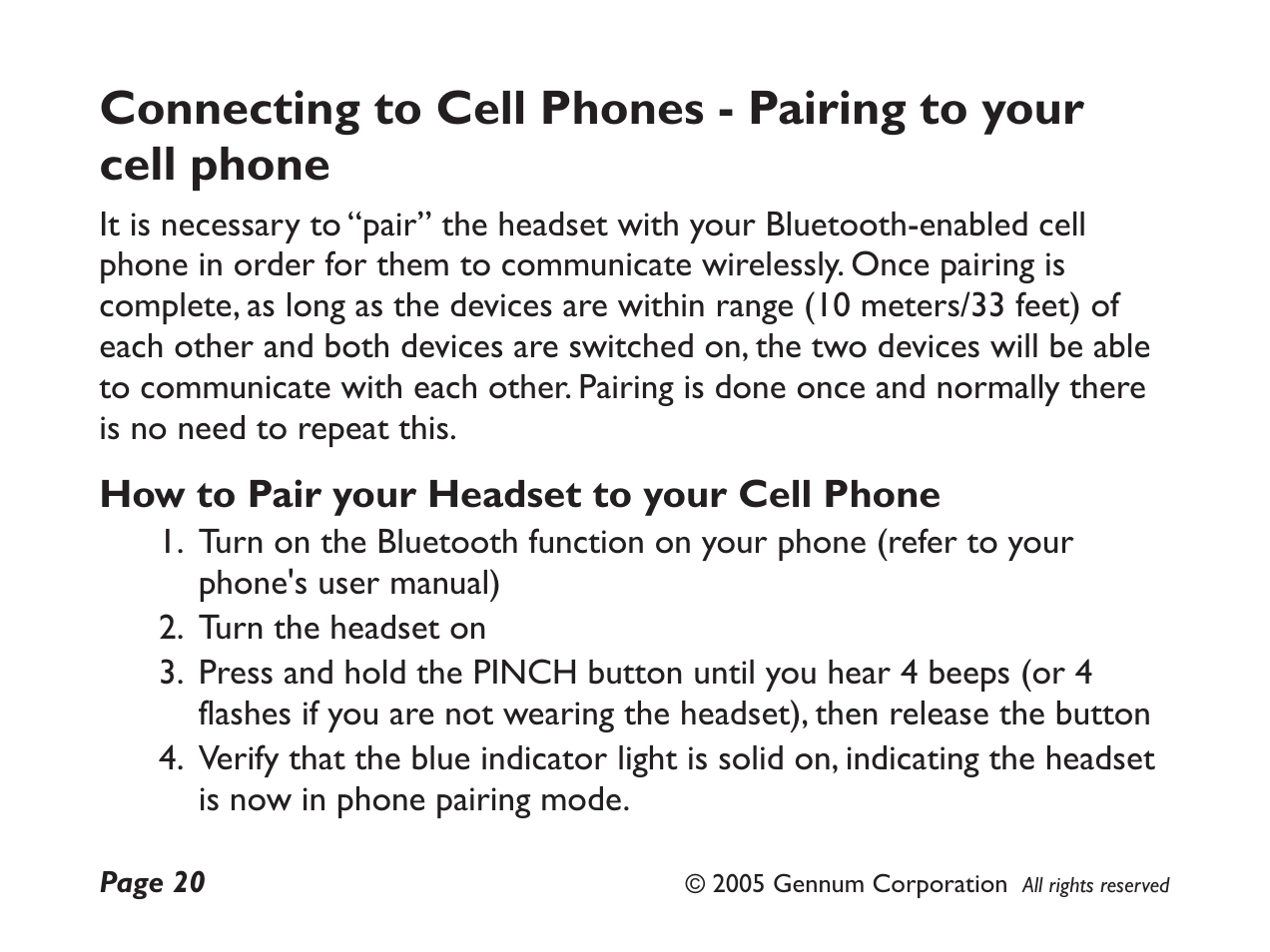 How to pair your headset to your cell phone | GENNUM DIGITAL WIRELESS HEADSET User Manual | Page 20 / 44
