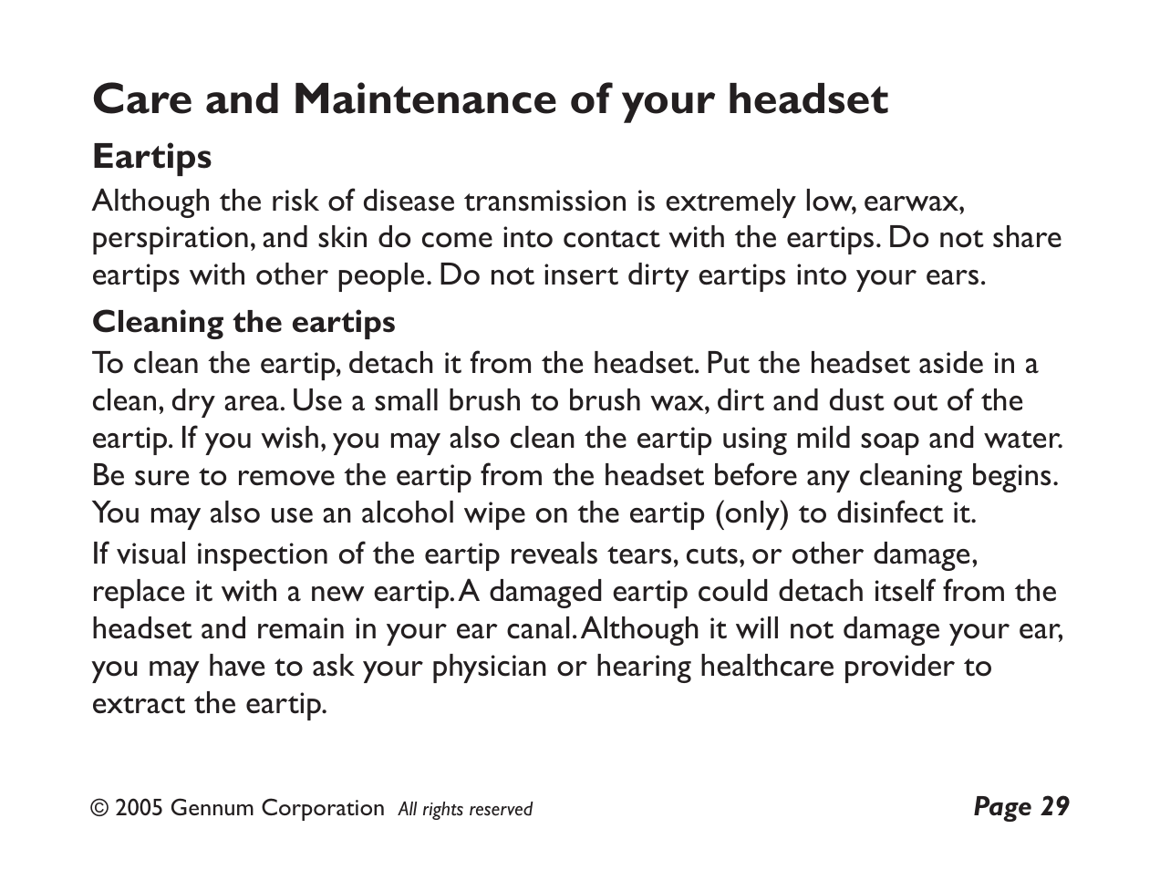 Care and maintenance of your headset, Eartips | GENNUM DIGITAL WIRELESS HEADSET User Manual | Page 29 / 44