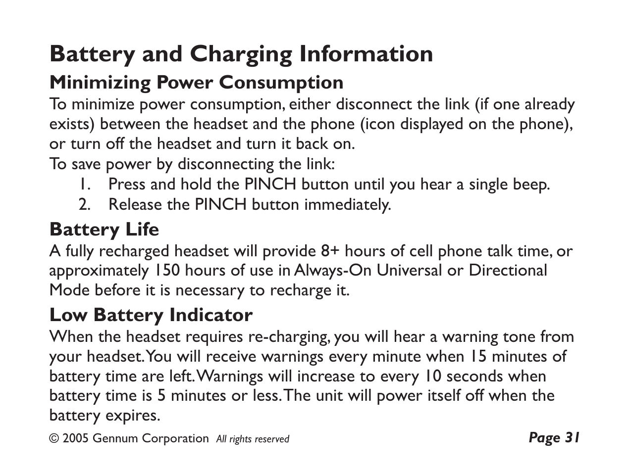 Battery and charging information | GENNUM DIGITAL WIRELESS HEADSET User Manual | Page 31 / 44