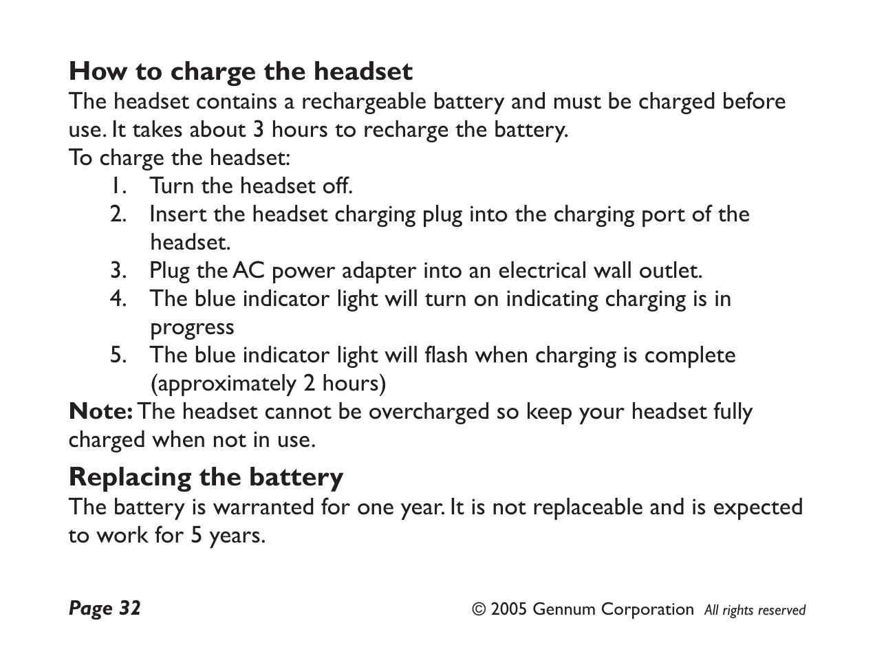 How to charge the headset replacing the battery | GENNUM DIGITAL WIRELESS HEADSET User Manual | Page 32 / 44