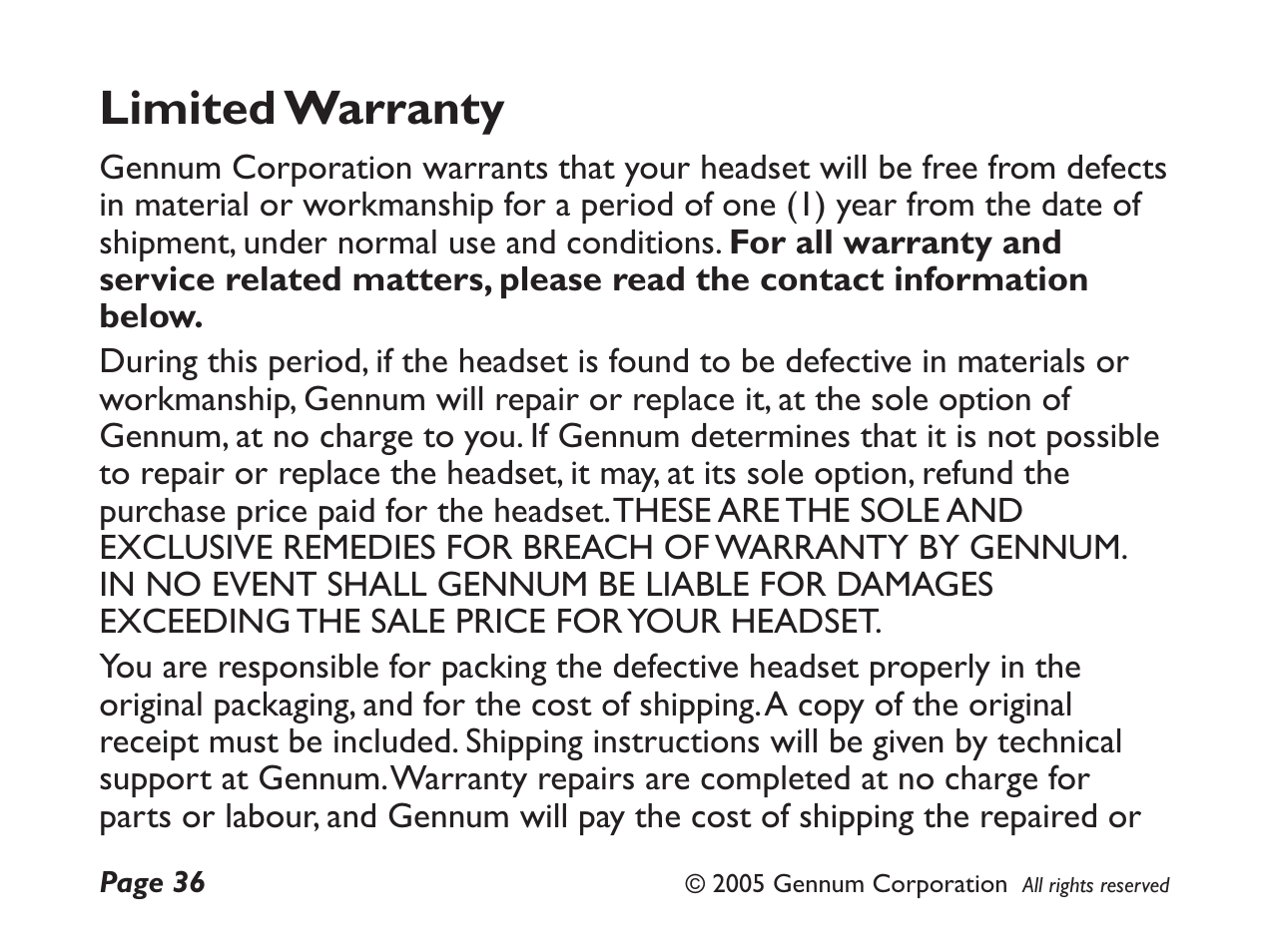 Limited warranty | GENNUM DIGITAL WIRELESS HEADSET User Manual | Page 36 / 44