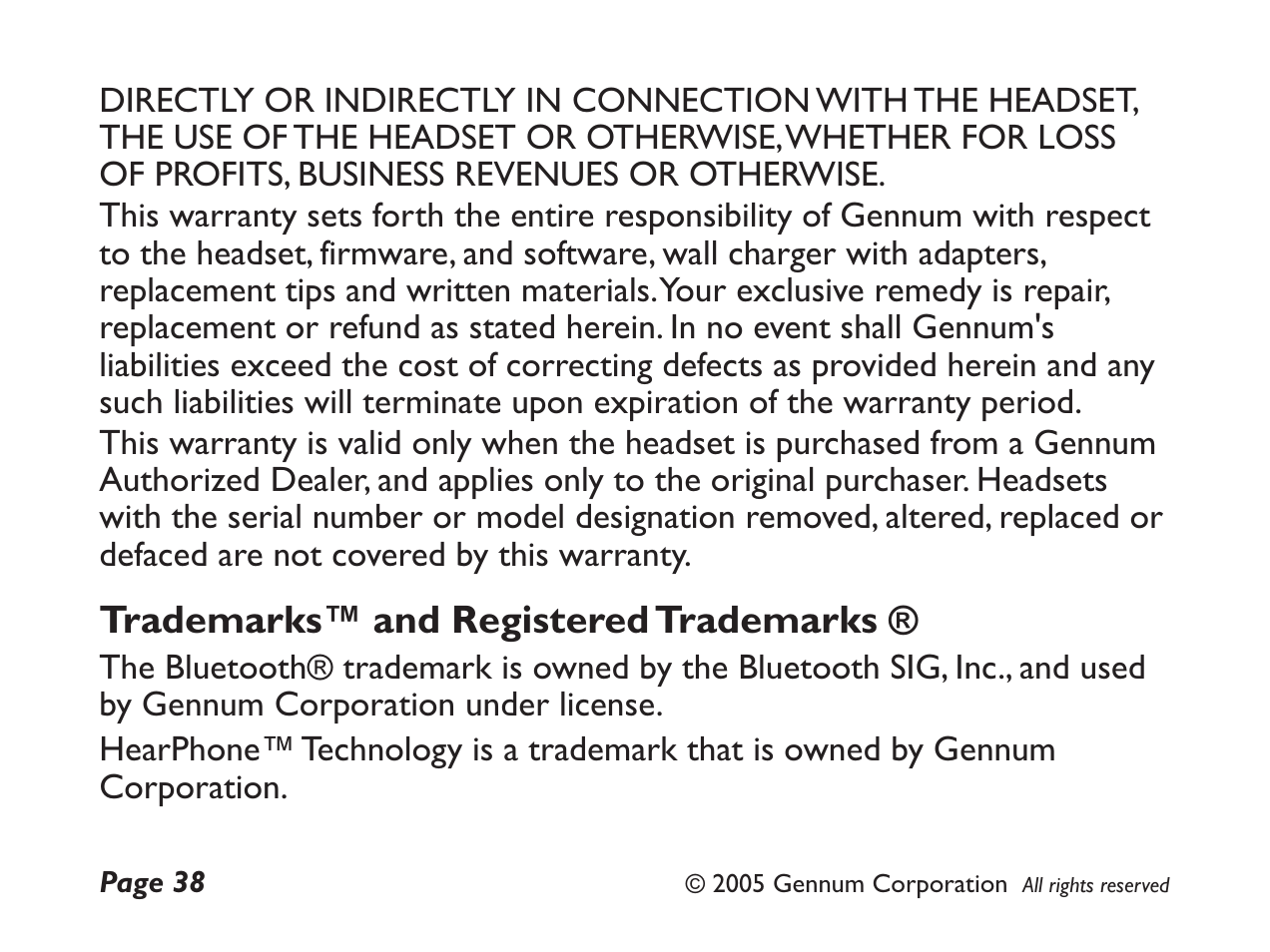 Trademarks™ and registered trademarks | GENNUM DIGITAL WIRELESS HEADSET User Manual | Page 38 / 44
