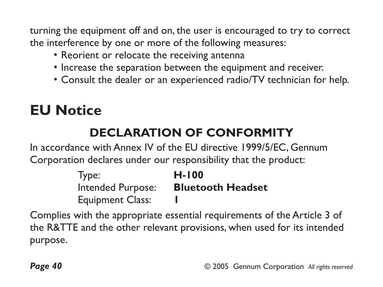 Eu notice, Declaration of conformity | GENNUM DIGITAL WIRELESS HEADSET User Manual | Page 40 / 44