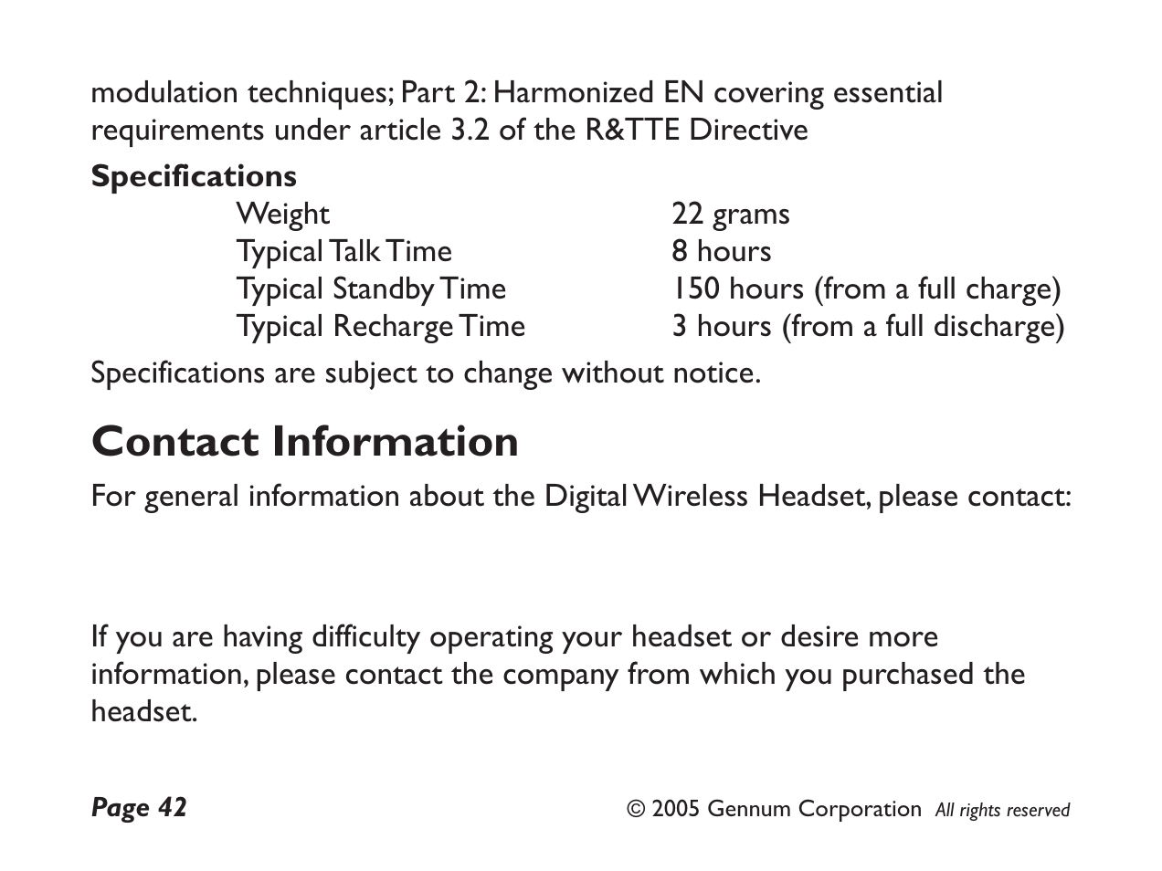 Contact information | GENNUM DIGITAL WIRELESS HEADSET User Manual | Page 42 / 44