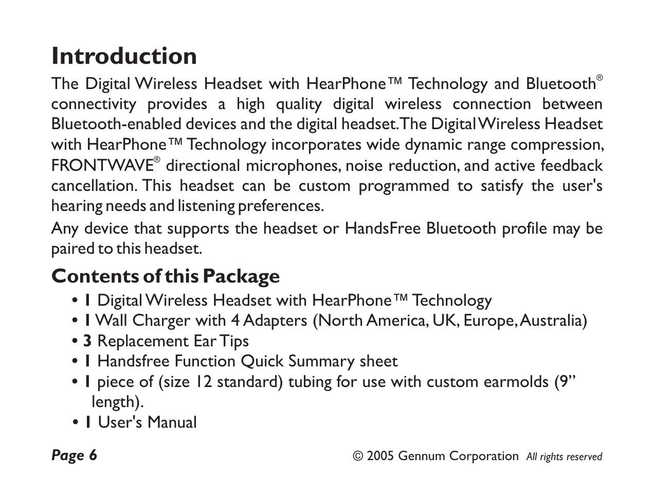 Introduction, Contents of this package | GENNUM DIGITAL WIRELESS HEADSET User Manual | Page 6 / 44