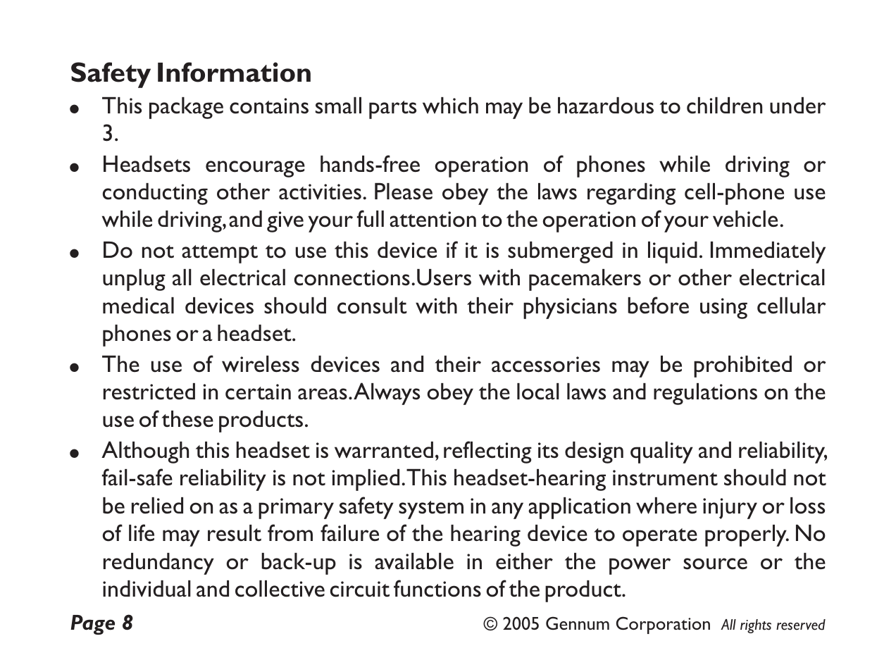 Safety information | GENNUM DIGITAL WIRELESS HEADSET User Manual | Page 8 / 44