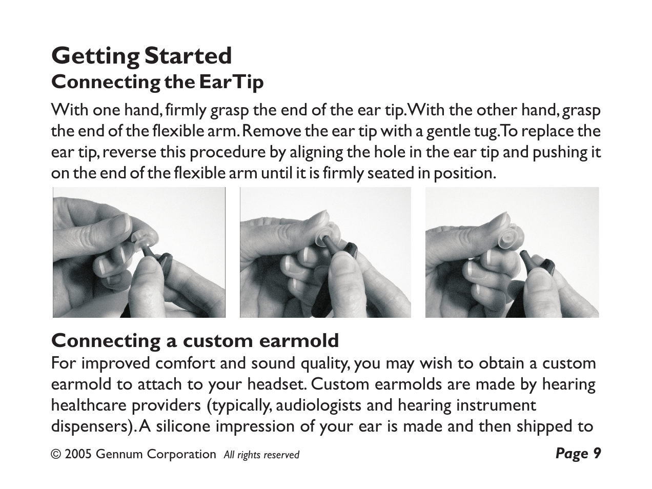 Getting started, Connecting the eartip, Connecting a custom earmold | GENNUM DIGITAL WIRELESS HEADSET User Manual | Page 9 / 44