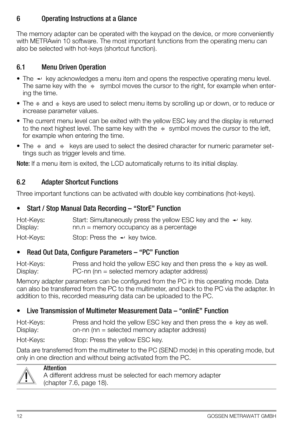 6 operating instructions at a glance, 1 menu driven operation, 2 adapter shortcut functions | Operating instructions at a glance, Menu driven operation, Adapter shortcut functions | Gossen SI 232-II User Manual | Page 12 / 28