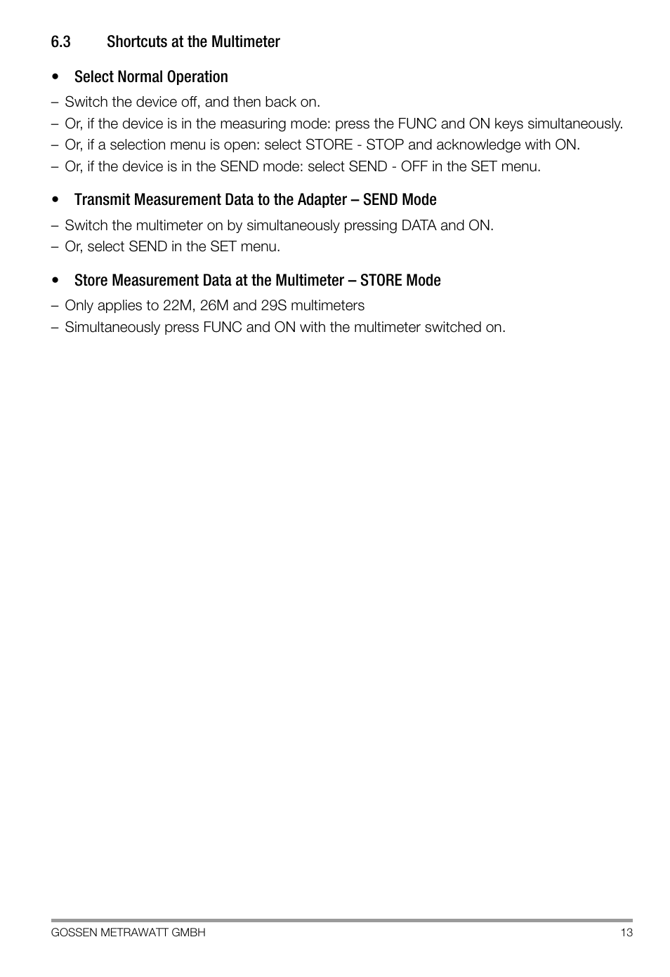 3 shortcuts at the multimeter, Shortcuts at the multimeter | Gossen SI 232-II User Manual | Page 13 / 28