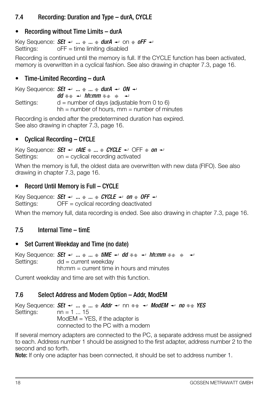 4 recording: duration and type - dura, cycle, 5 internal time - time, 6 select address and modem option - addr, modem | Recording: duration and type – dura, cycle, Internal time – time, Select address and modem option – addr, modem, P. 18 | Gossen SI 232-II User Manual | Page 18 / 28