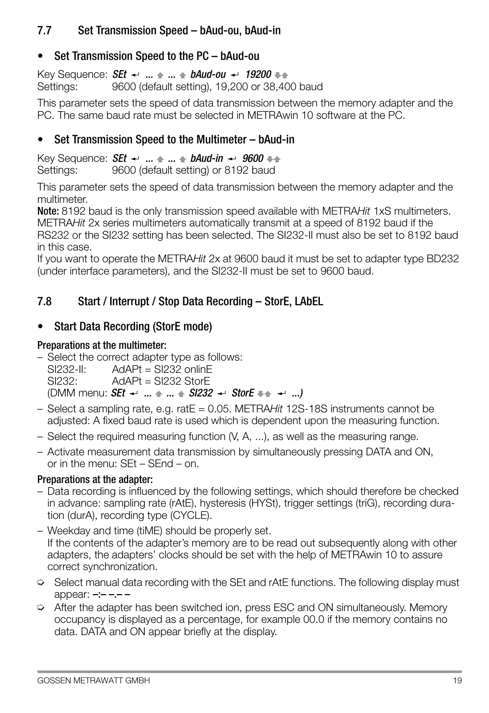 7 set transmission speed - baud-ou, baud-in, Set transmission speed – baud-ou, baud-in, P. 19 | Gossen SI 232-II User Manual | Page 19 / 28