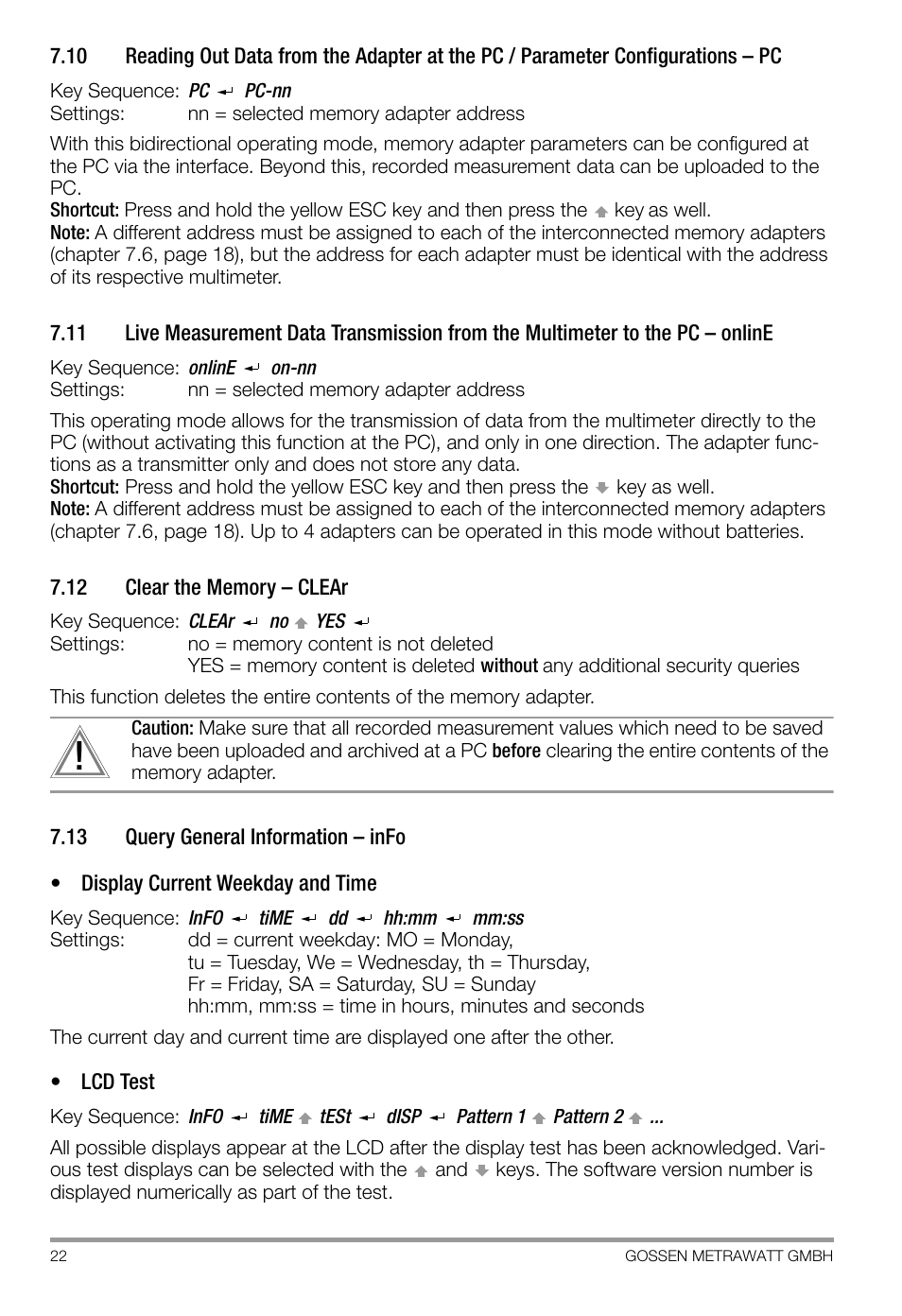 12 clear the memory - clear, 13 query general information - info, Clear the memory – clear | Query general information – info, P. 22 | Gossen SI 232-II User Manual | Page 22 / 28