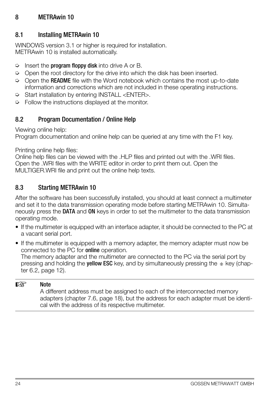 8 metrawin 10, 1 installing metrawin 10, 2 program documentation / online help | 3 starting metrawin 10, Metrawin 10, Installing metrawin 10, Program documentation / online help, Starting metrawin 10 | Gossen SI 232-II User Manual | Page 24 / 28