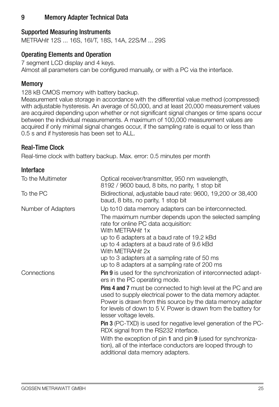 9 memory adapter technical data, Memory adapter technical data | Gossen SI 232-II User Manual | Page 25 / 28