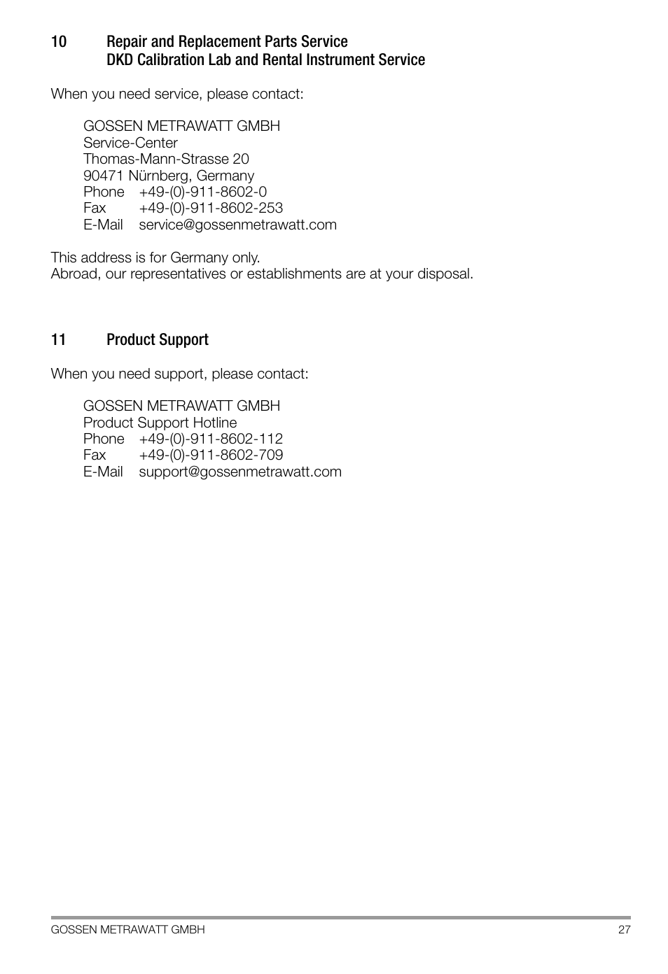 11 product support, Product support | Gossen SI 232-II User Manual | Page 27 / 28