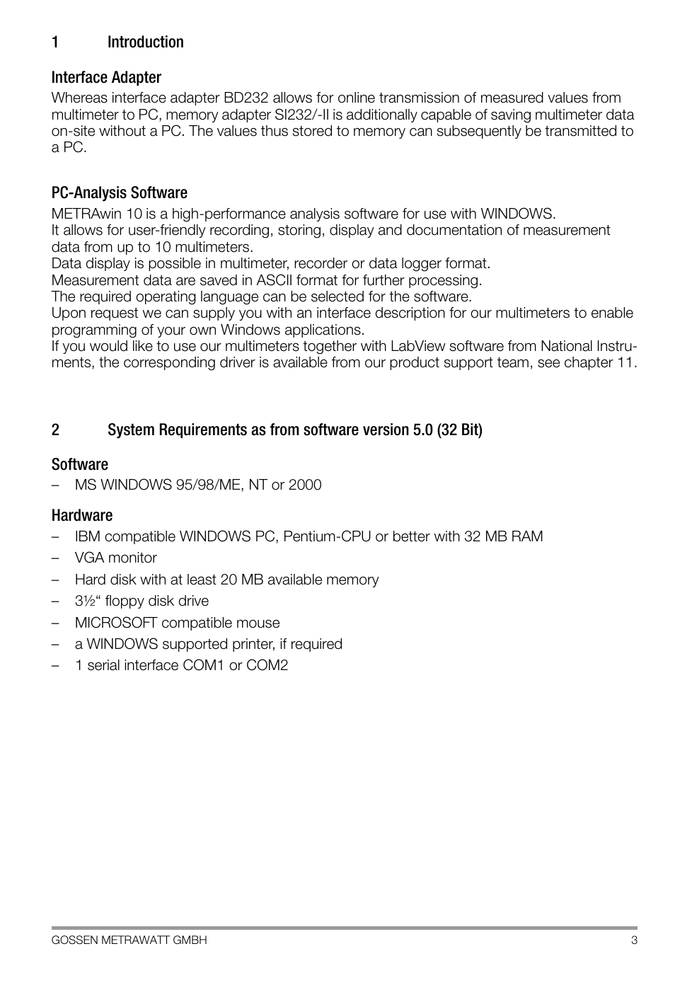 1 introduction, Introduction, System requirements | Gossen SI 232-II User Manual | Page 3 / 28