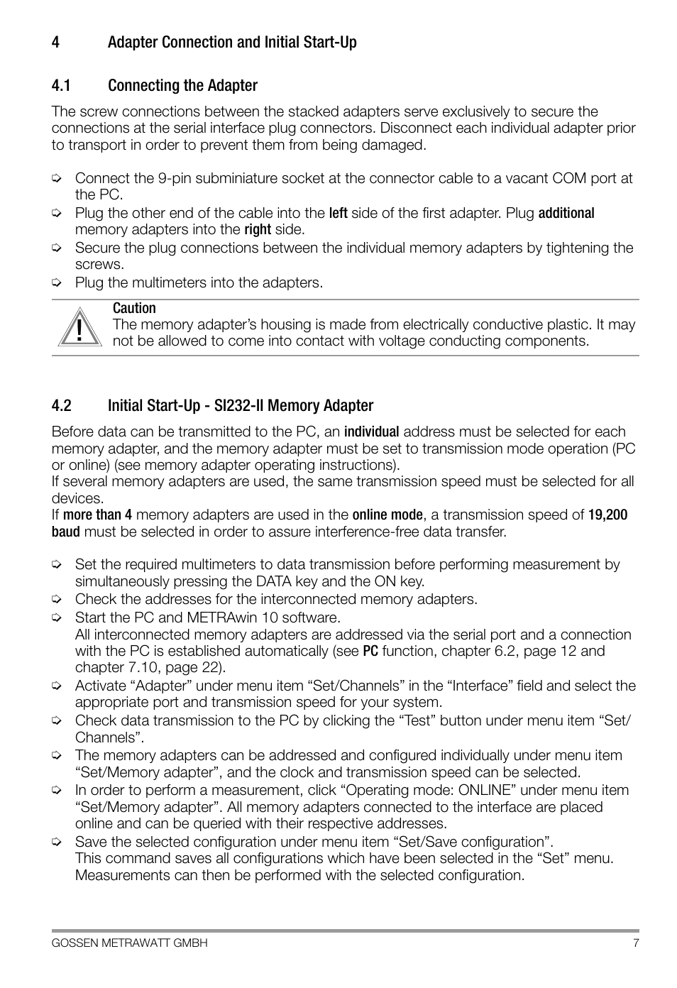 4 adapter connection and initial start-up, 1 connecting the adapter, 2 initial start-up - si232-ii memory adapter | Adapter connection and initial start-up, Connecting the adapter, Initial start-up - si232-ii memory adapter | Gossen SI 232-II User Manual | Page 7 / 28