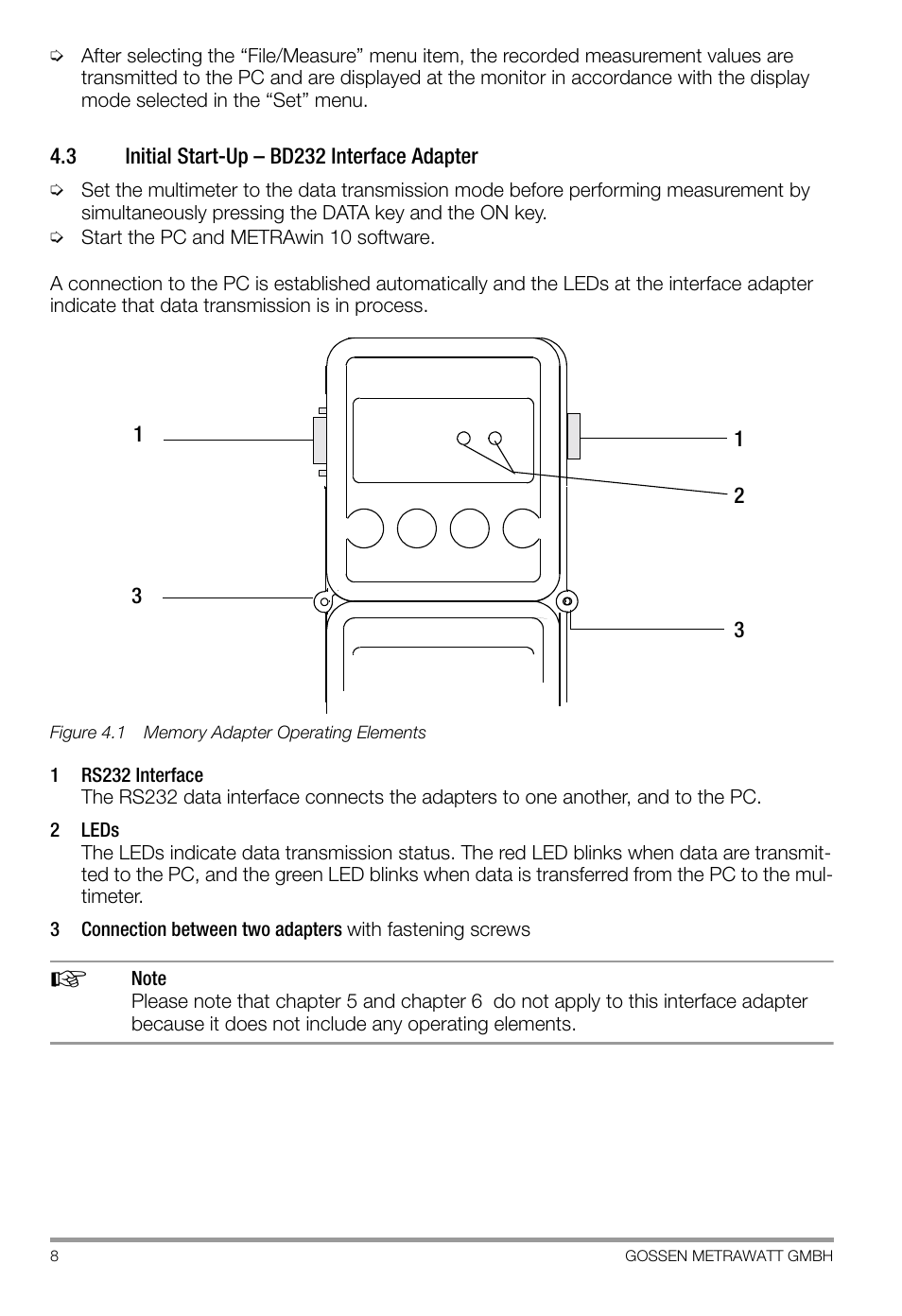 3 initial start-up - bd232 interface adapter, Initial start-up – bd232 interface adapter | Gossen SI 232-II User Manual | Page 8 / 28