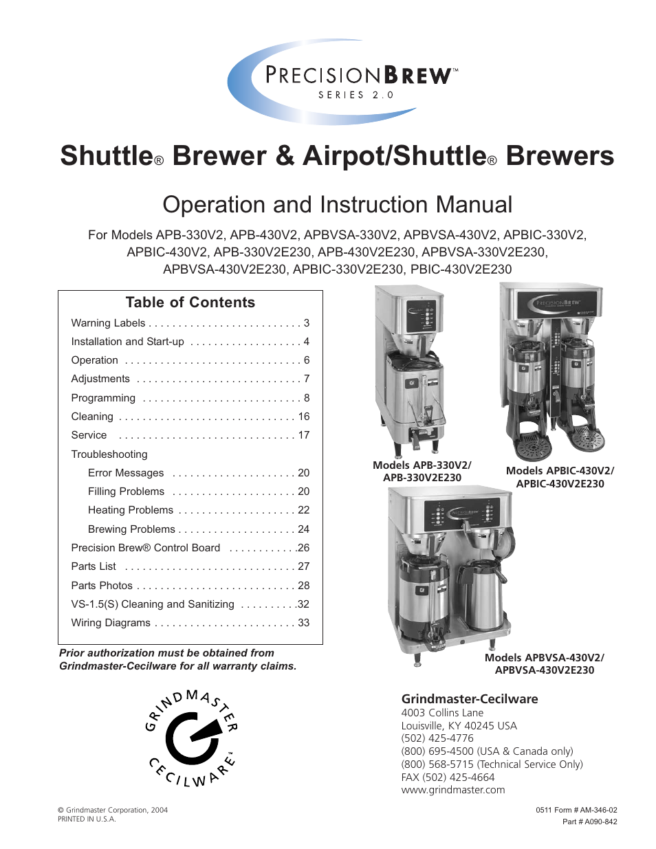 Grindmaster SHUTTLE APB-330V2 User Manual | 44 pages