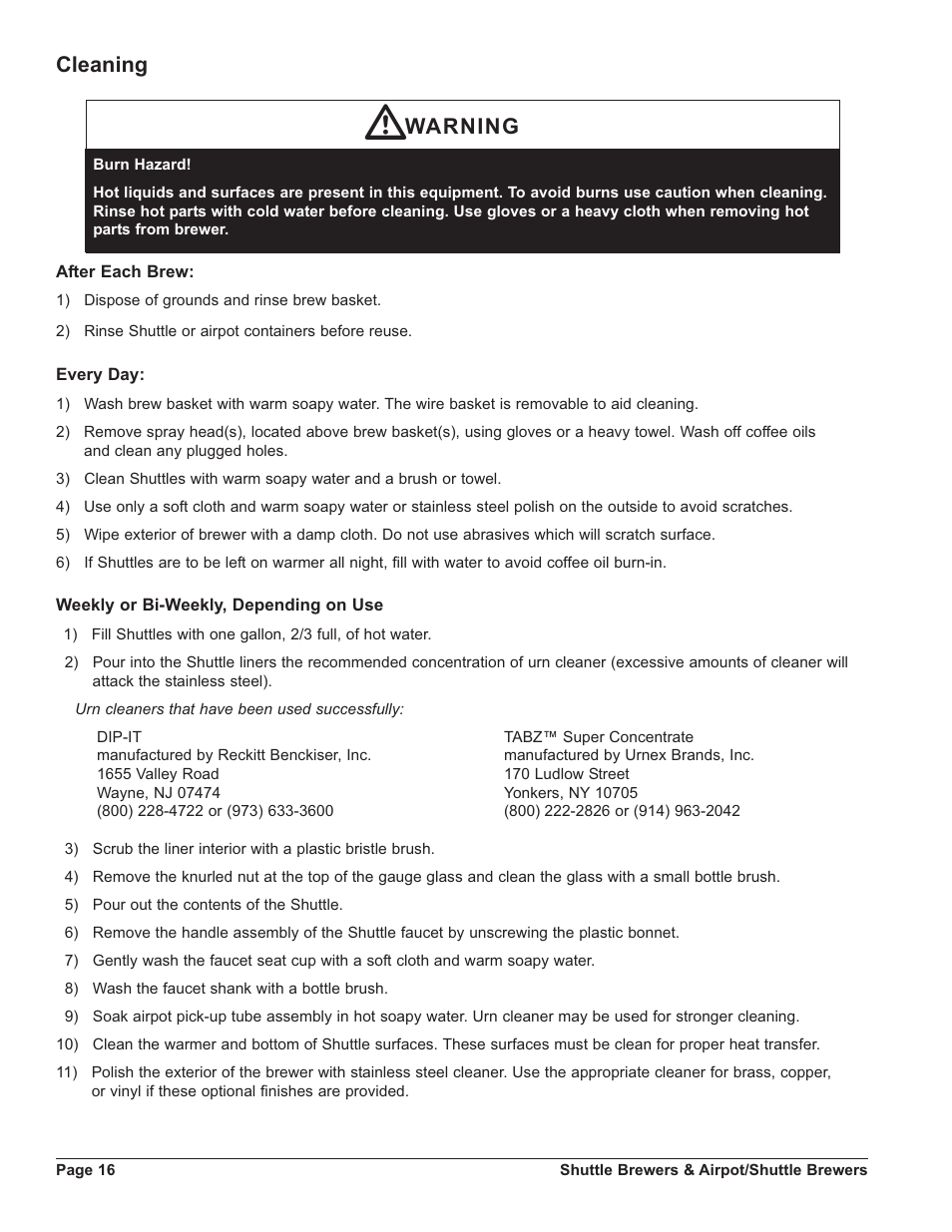 Cleaning warning | Grindmaster SHUTTLE APB-330V2 User Manual | Page 16 / 44