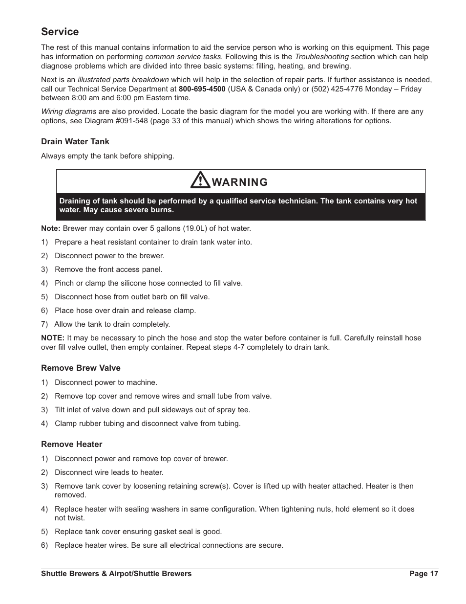 Service, Warning | Grindmaster SHUTTLE APB-330V2 User Manual | Page 17 / 44