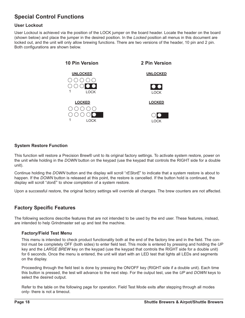 Special control functions, Factory specific features | Grindmaster SHUTTLE APB-330V2 User Manual | Page 18 / 44