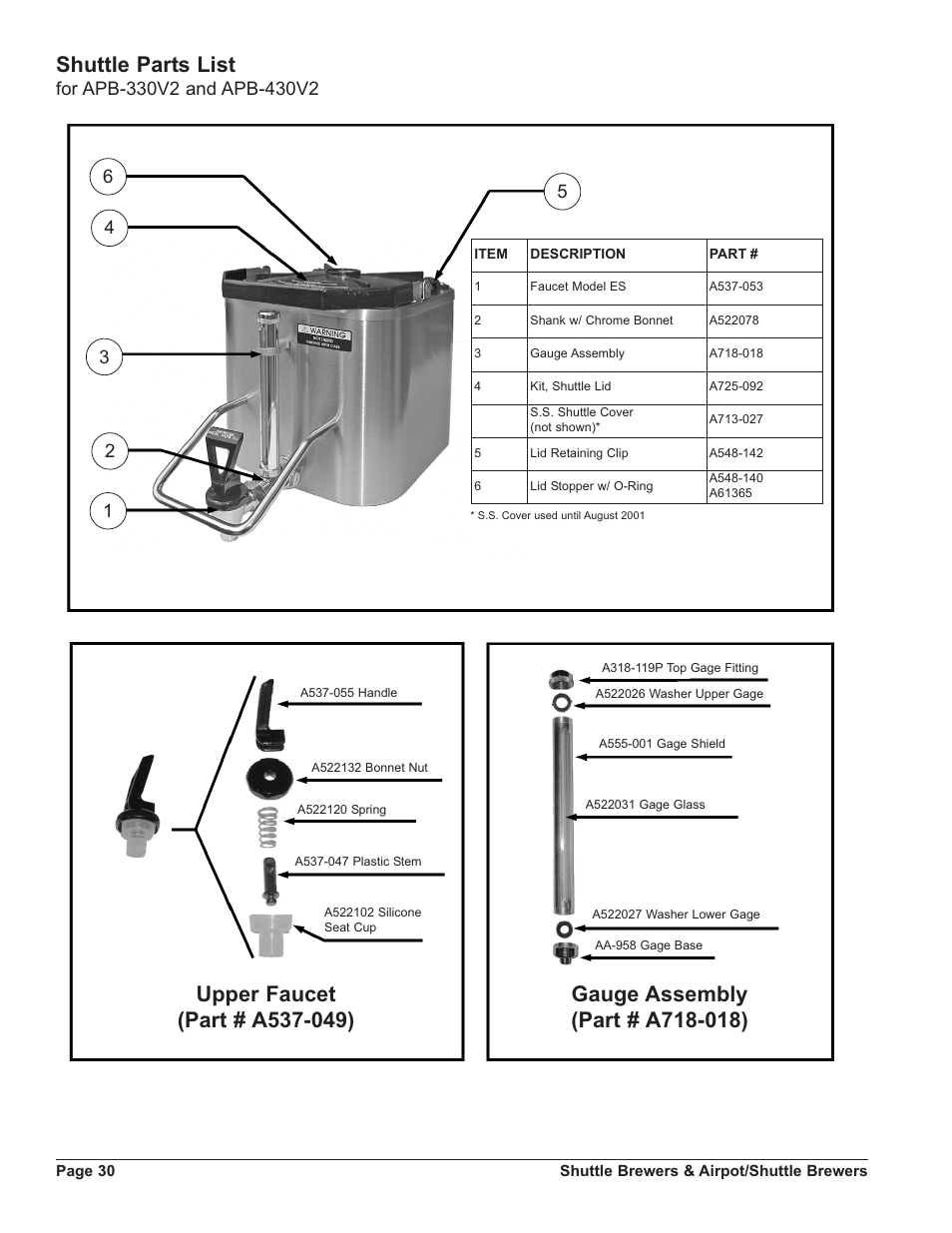 Shuttle parts list | Grindmaster SHUTTLE APB-330V2 User Manual | Page 30 / 44