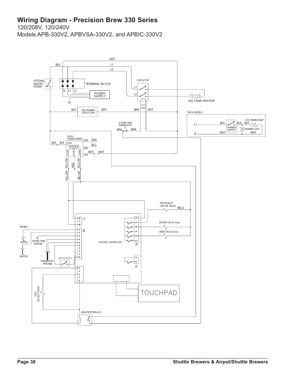 Wiring diagram - precision brew 330 series, Page 38 shuttle brewers & airpot/shuttle brewers | Grindmaster SHUTTLE APB-330V2 User Manual | Page 38 / 44