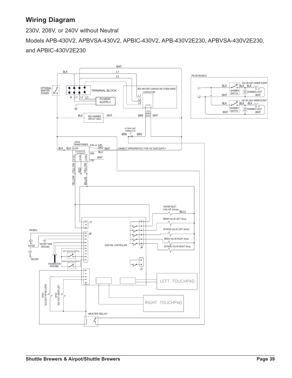 Wiring diagram, Shuttle brewers & airpot/shuttle brewers page 39 | Grindmaster SHUTTLE APB-330V2 User Manual | Page 39 / 44