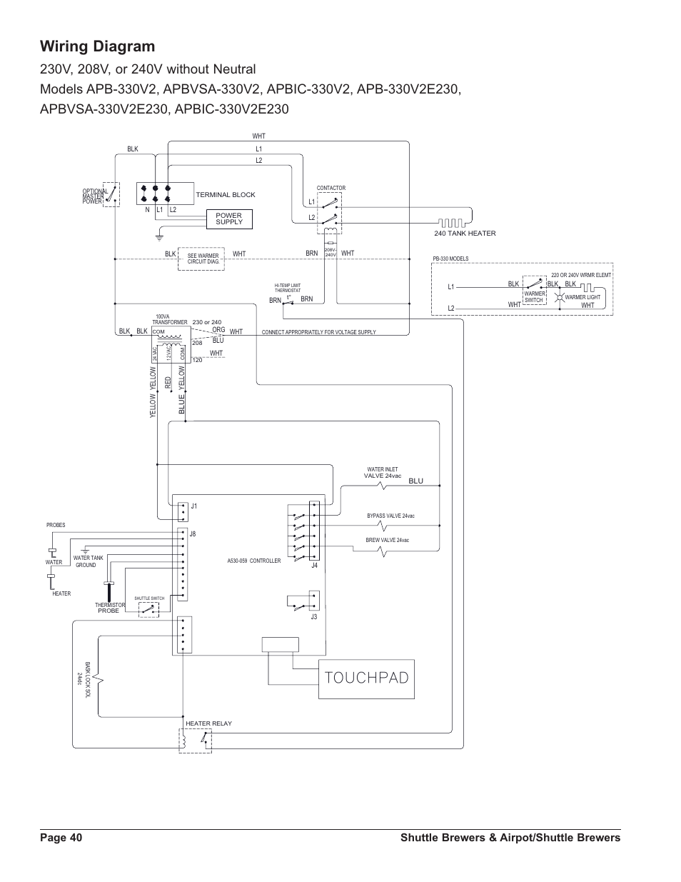 Wiring diagram, Page 40 shuttle brewers & airpot/shuttle brewers | Grindmaster SHUTTLE APB-330V2 User Manual | Page 40 / 44
