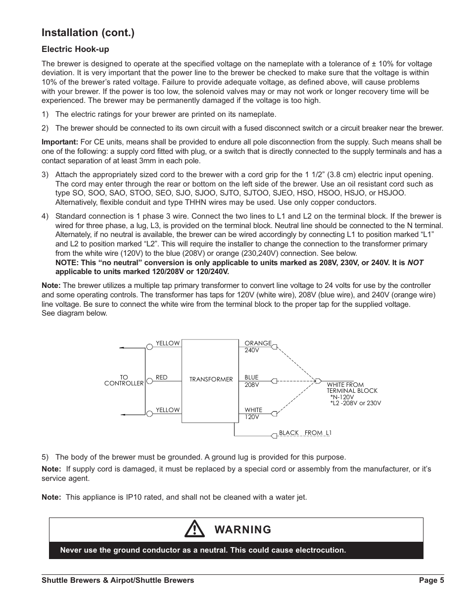 Installation (cont.), Warning | Grindmaster SHUTTLE APB-330V2 User Manual | Page 5 / 44