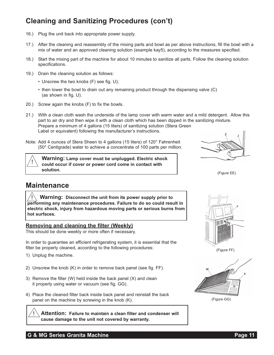 Cleaning and sanitizing procedures (con’t), Maintenance | Grindmaster G23-2B User Manual | Page 11 / 36