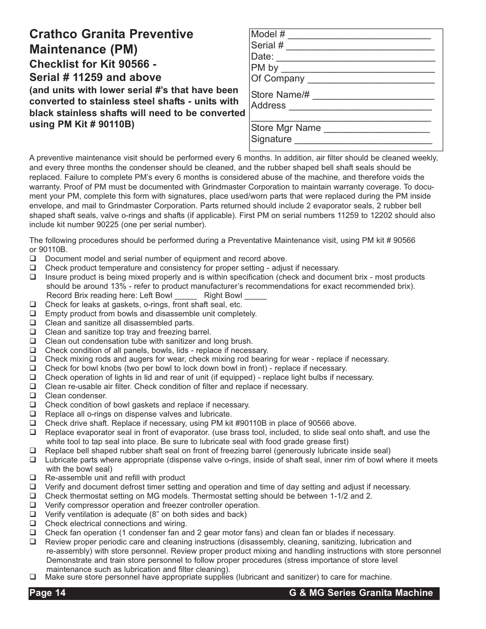 Crathco granita preventive maintenance (pm) | Grindmaster G23-2B User Manual | Page 14 / 36