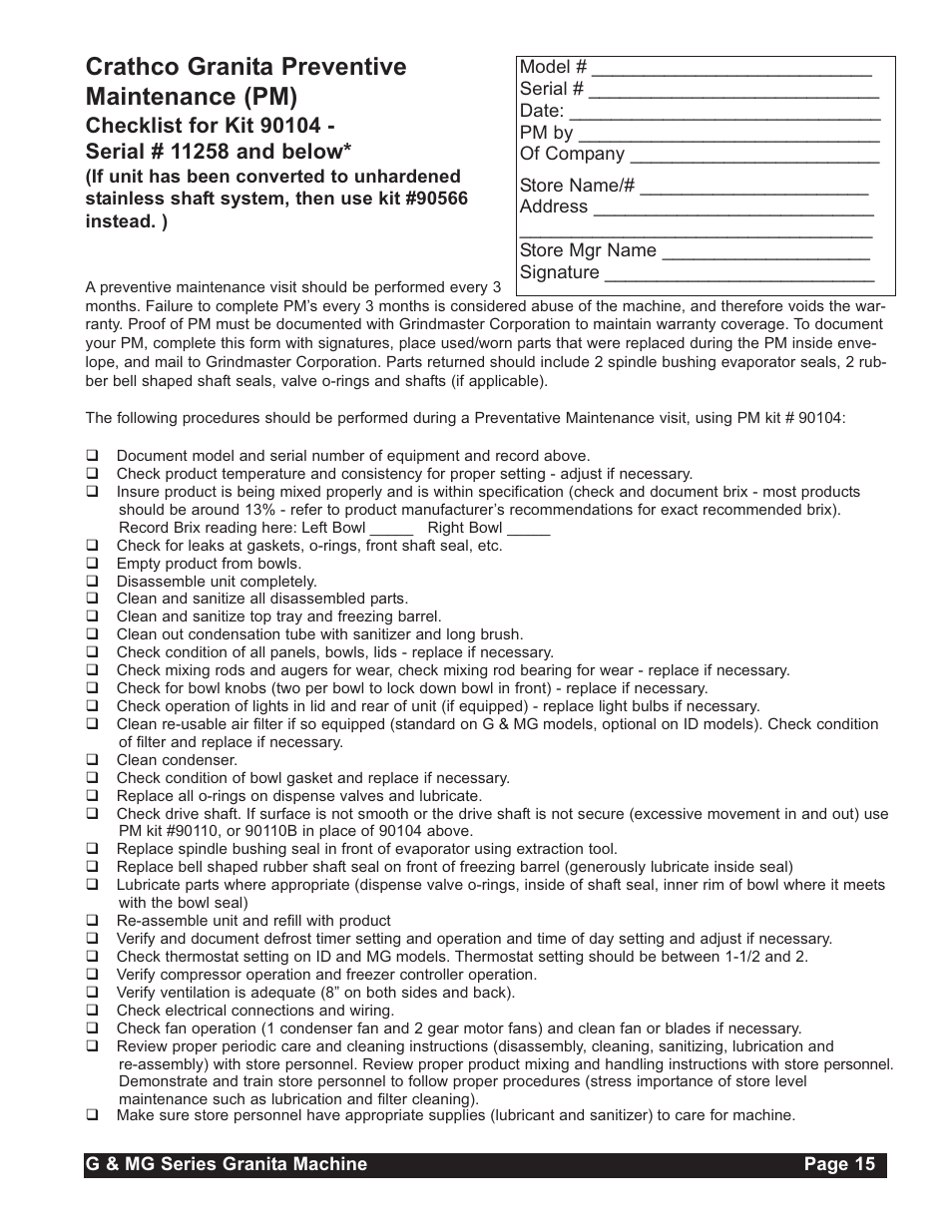 Crathco granita preventive maintenance (pm) | Grindmaster G23-2B User Manual | Page 15 / 36