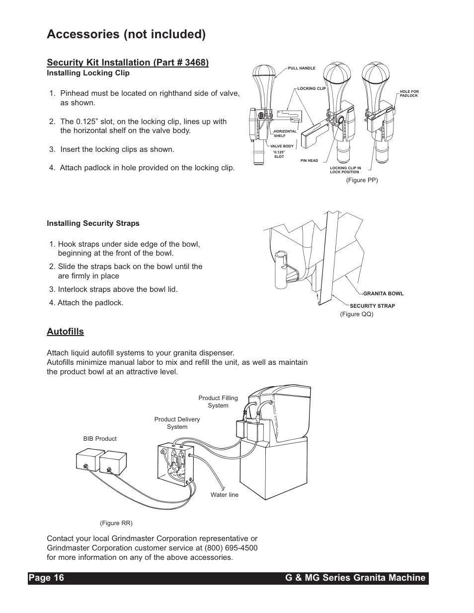 Accessories (not included), Page 16 g & mg series granita machine, Security kit installation (part # 3468) | Autofills | Grindmaster G23-2B User Manual | Page 16 / 36